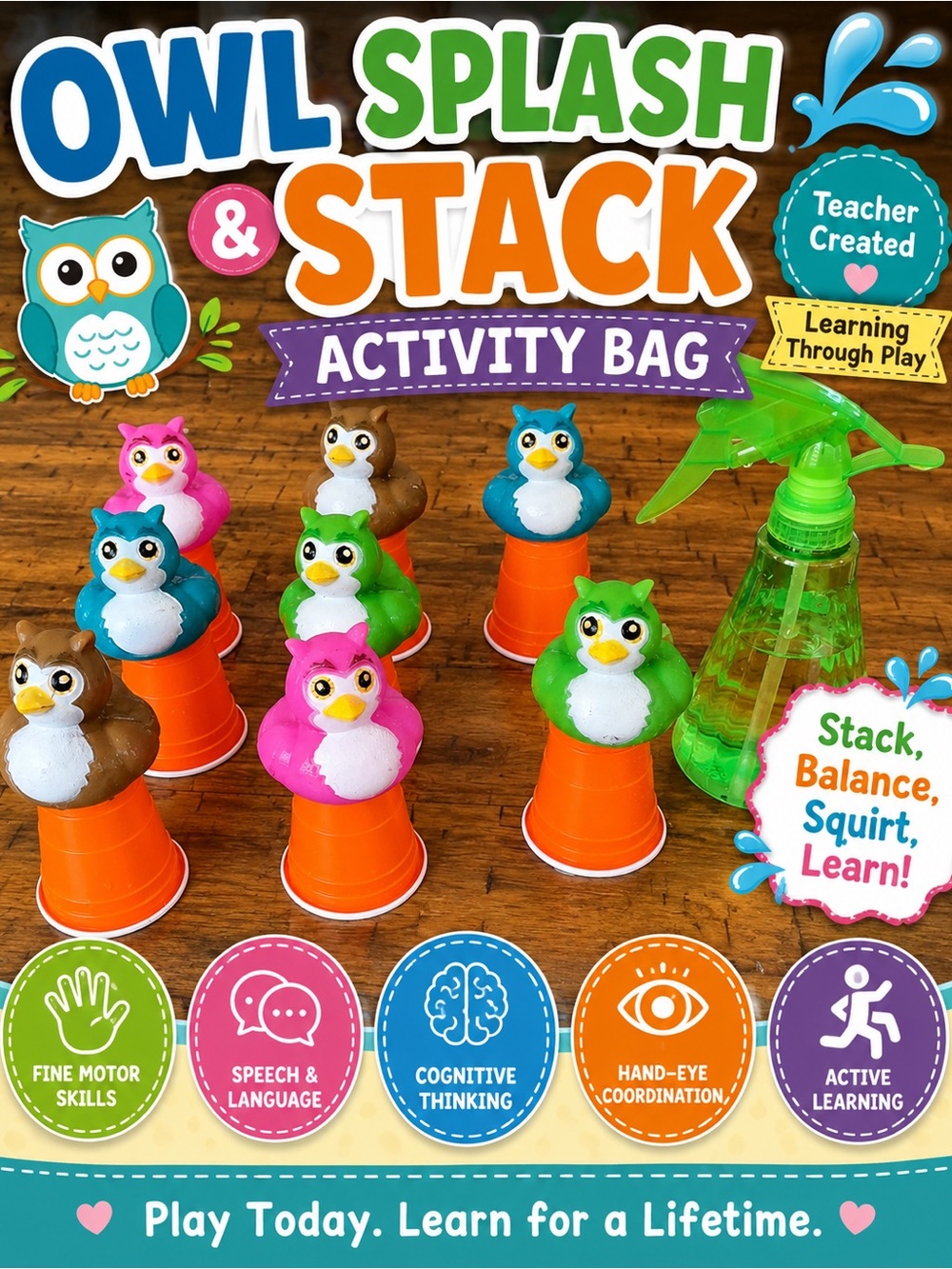 Owls and Cups with Water Bottle Sensory Bag